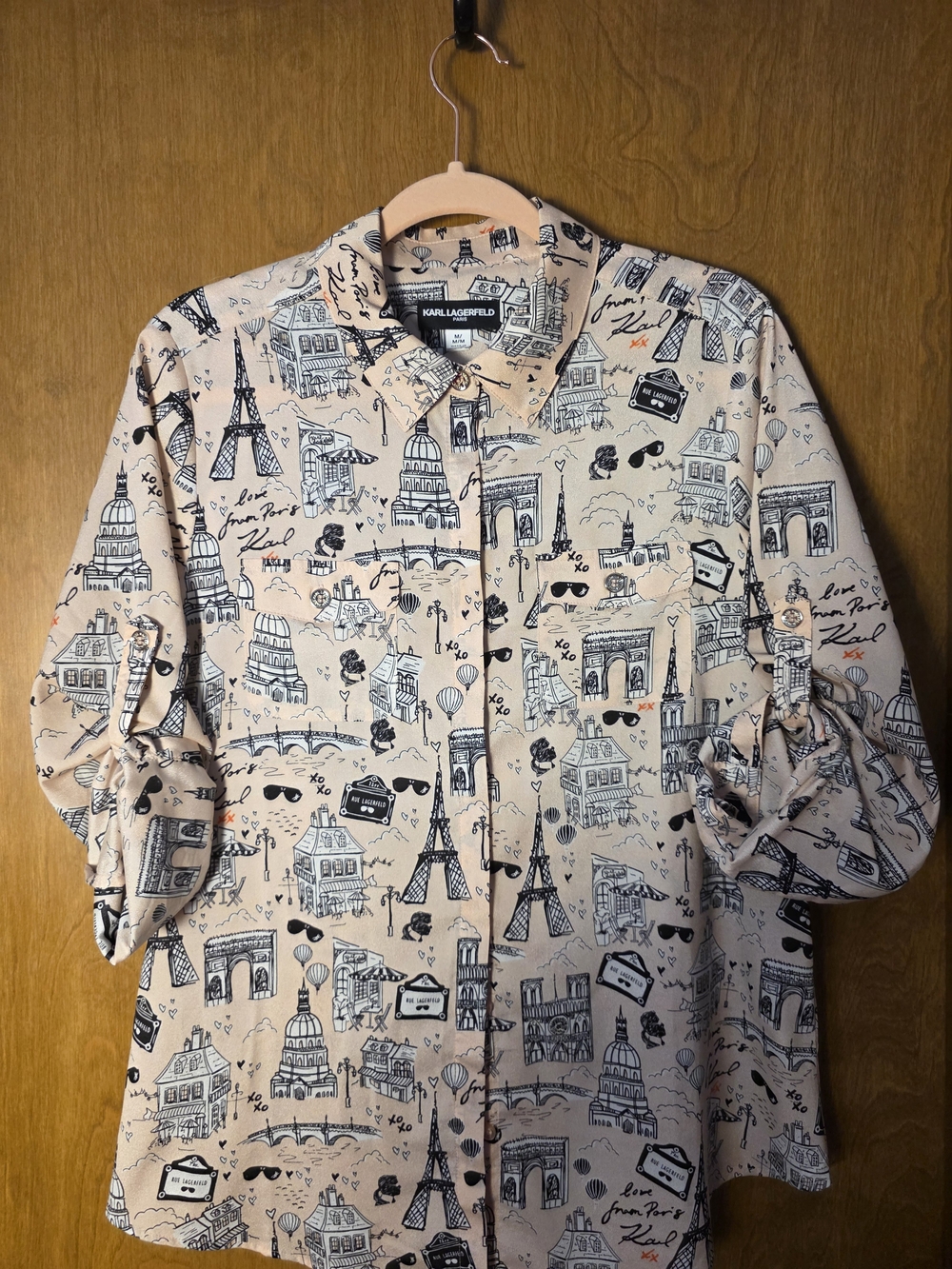 Karl Lagerfeld Cream Pink Paris-Print Button Front Shirt - Picture 2 of 6